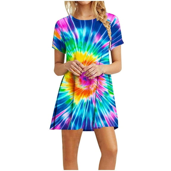 cocolona Womens Summer Short Sleeve Dress 2025 Crew Neck Pleated Flowy Sun Dress Fashion Casual Tie Dye Loose Beach Mini Dress S-XXL