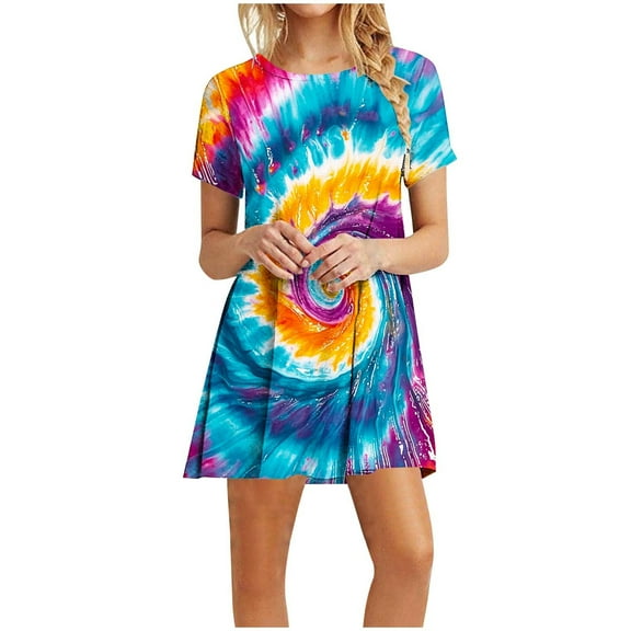 cocolona Womens Summer Short Sleeve Dress 2025 Crew Neck Pleated Flowy Sun Dress Fashion Casual Tie Dye Loose Beach Mini Dress S-XXL