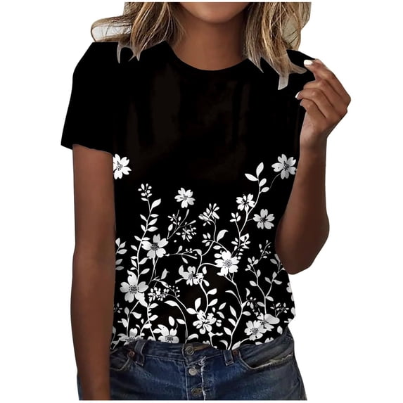 cocolona Womens Summer Short Sleeve Tops Casual Loose Floral Print Basic T-shirts Crew Neck Tees Trendy Blouse