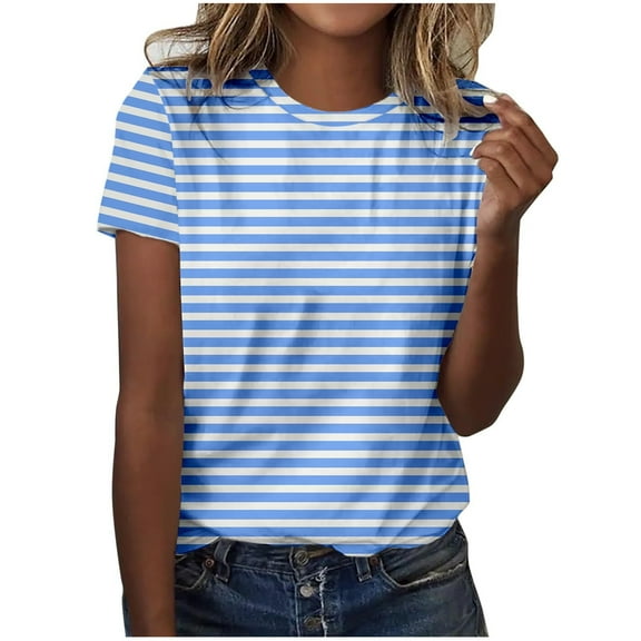 cocolona Womens Summer Short Sleeve Tops Casual Loose Striped Basic T-shirts Crew Neck Tees Trendy Blouse