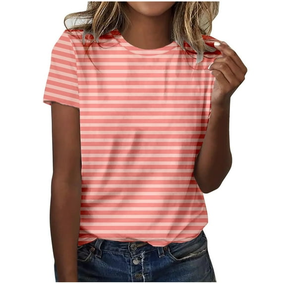 cocolona Womens Summer Short Sleeve Tops Casual Loose Striped Basic T-shirts Crew Neck Tees Trendy Blouse