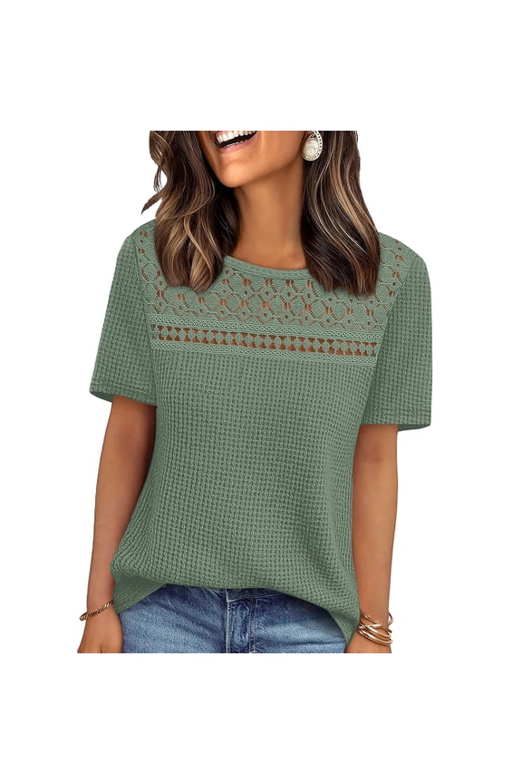 Womens Summer Short Sleeve Tops Fashion Crew Neck Knit Hollow Out T-shirts Casual Loose Blouses Basic Tees
