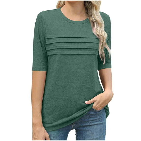 cocolona Womens Summer Short Sleeve Tops Fashion V Neck Front Pleated Shirts Casual Loose Solid Color Blouse