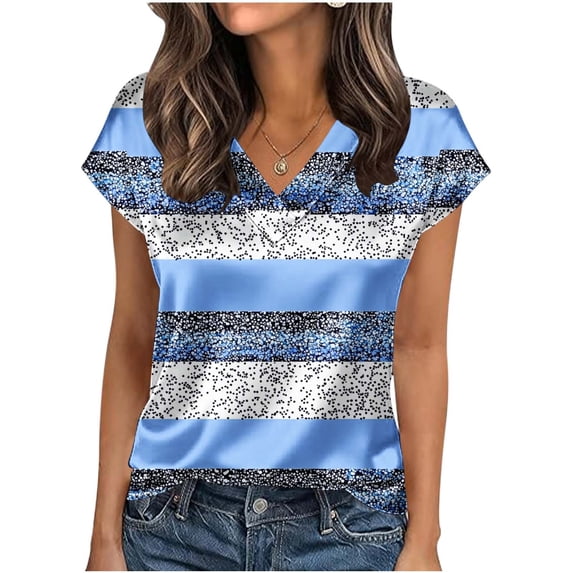 cocolona Womens Summer Silk Satin Tops Plus Size V Neck Short Sleeve T-shirt Fashion Casual Cute Print Tees Blouses