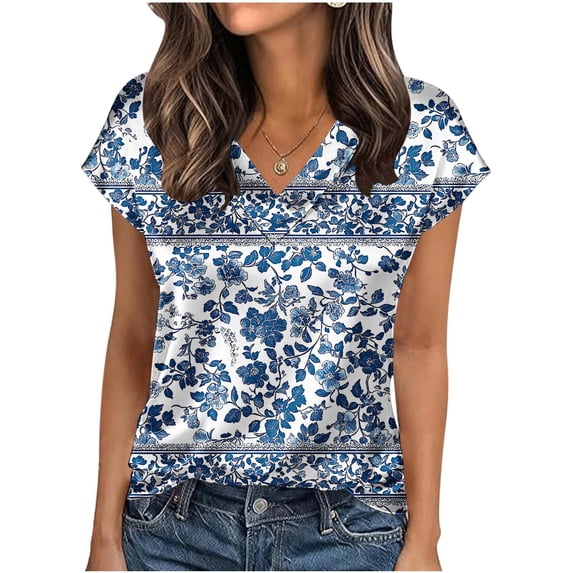 cocolona Womens Summer Silk Satin Tops Plus Size V Neck Short Sleeve T-shirt Fashion Casual Cute Print Tees Blouses