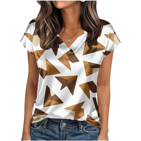 cocolona Womens Summer Silk Satin Tops Plus Size V Neck Short Sleeve T-shirt Fashion Casual Cute Print Tees Blouses