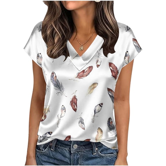 cocolona Womens Summer Silk Satin Tops Plus Size V Neck Short Sleeve T-shirt Fashion Casual Cute Print Tees Blouses