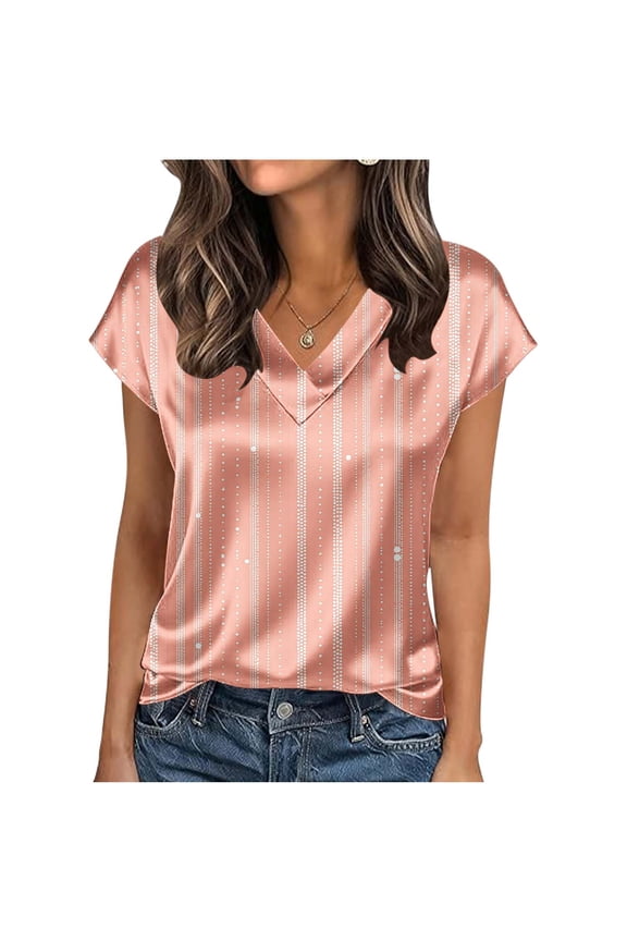 Womens Summer Silk Satin Tops Plus Size V Neck Short Sleeve T-shirt Fashion Casual Cute Print Tees Blouses
