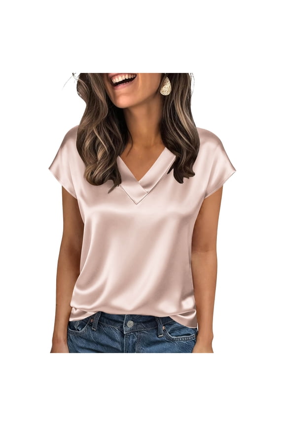 Womens Summer Silk Satin Tops V Neck Short Sleeve T-shirts Casual Loose Blouses Lightweight Comfy Tees