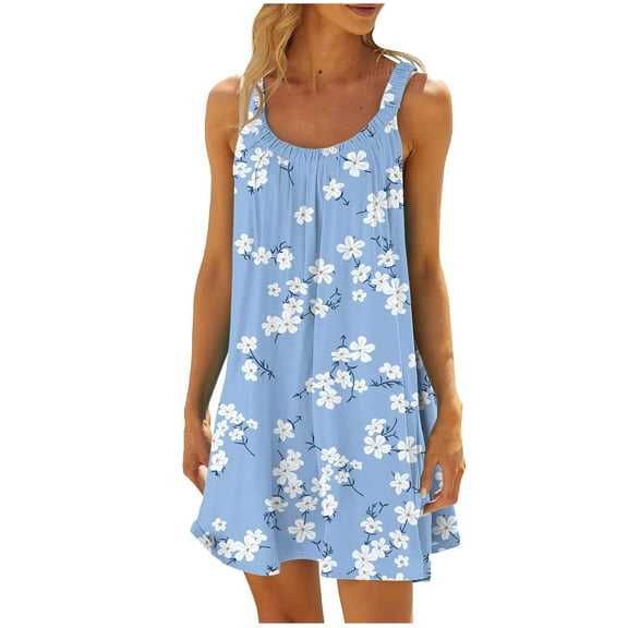 cocolona Womens Summer Sleeveless Camisole Dress Fashion Casual Floral Print Mini Dress Beach Pleated Ruffle Flowy Sundress