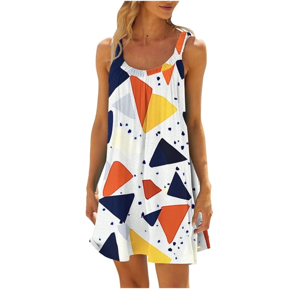 cocolona Womens Summer Sleeveless Tank Dress Crew Neck Pleated Flowy Mini Dress Fashion Casual Print Vacation Beach Sundress