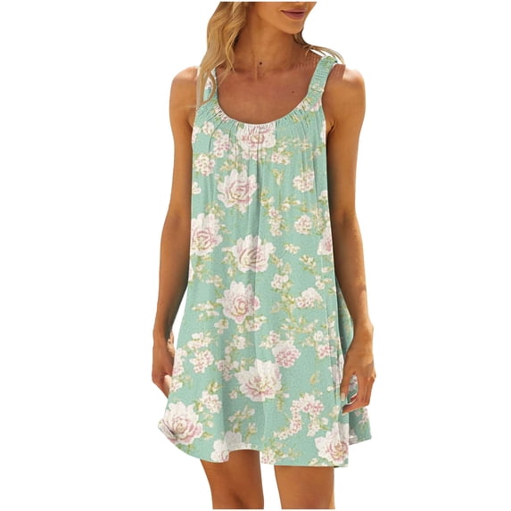 cocolona Womens Summer Sleeveless Tank Dress Crew Neck Pleated Flowy Mini Dress Fashion Casual Print Vacation Beach Sundress