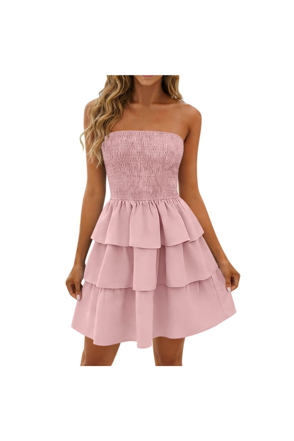 Womens Summer Strapless Tube Mini Dress Smocked Ruffle A Line Flowy Cocktail Dress Vacation Beach Sundress