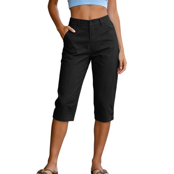 cocolona Womens Summer Stretch High Waisted Capri Pants Solid Color Elastic Waist Straight Cropped Work Pants with Pockets