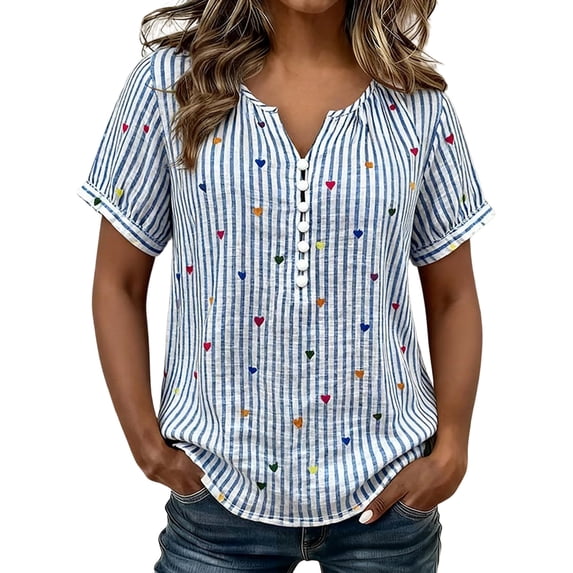 cocolona Womens Summer Striped Printed Tops Short Sleeve V Neck Loose Shirts Casual Pullover Blouses
