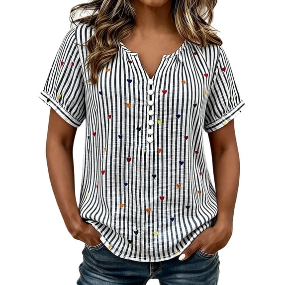 cocolona Womens Summer Striped Printed Tops Short Sleeve V Neck Loose Shirts Casual Pullover Blouses
