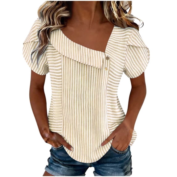 cocolona Womens Summer Striped Tops Ruffle Short Sleeve Lapel Neck Button Shirts Dressy Casual Blouses