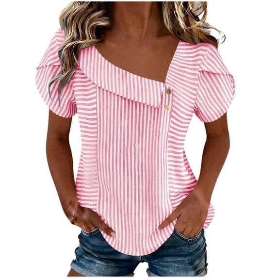 cocolona Womens Summer Striped Tops Ruffle Short Sleeve Lapel Neck Button Shirts Dressy Casual Blouses