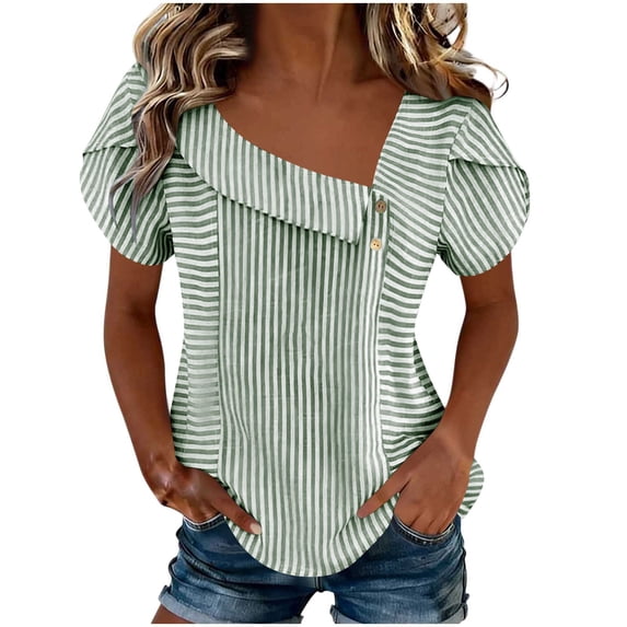 cocolona Womens Summer Striped Tops Ruffle Short Sleeve Lapel Neck Button Shirts Dressy Casual Blouses