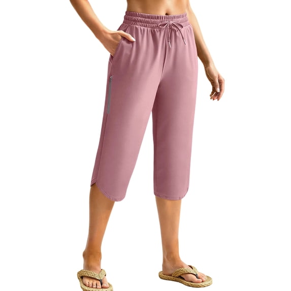 cocolona Womens Summer Swim Beach Capri Pants Elastic Waist Drawstring Split Swimsuit Pants with Zipper Pocket