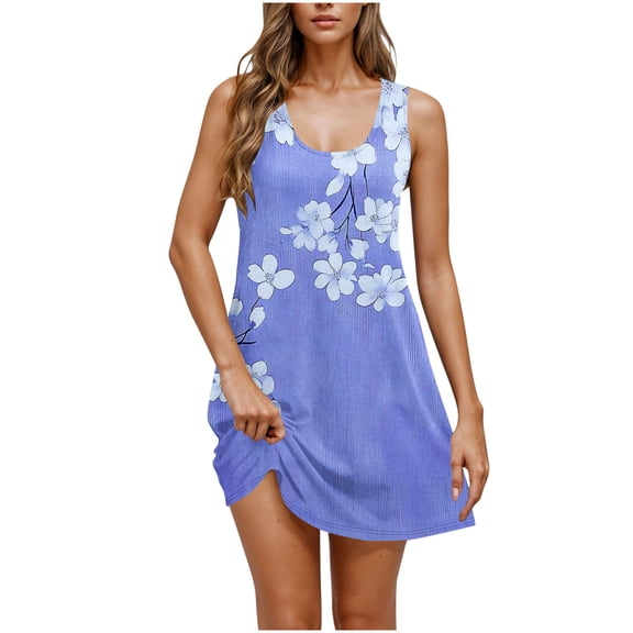 cocolona Womens Summer T-shirts Tank Dress Crew Neck Sleeveless Casual Floral Print Mini Dress Beach Sundress with Pockets