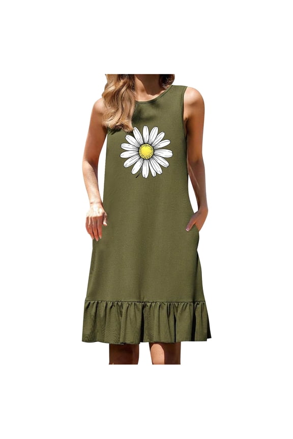 Womens Summer Tank Dress Fashion Crew Neck Sleeveless Patchwork Pleated Ruffle Flowy Mini Dress Beach Sundress with Pockets