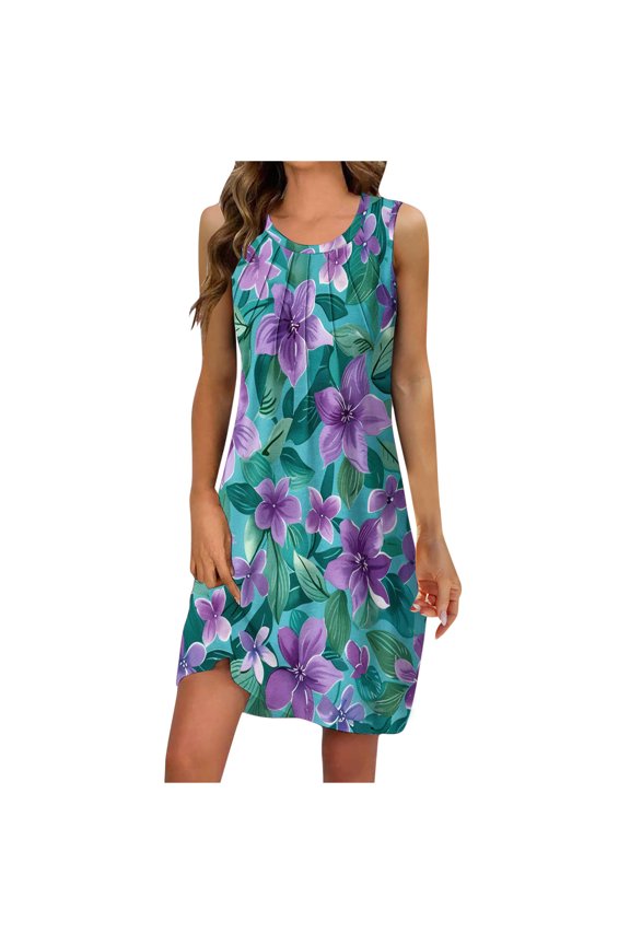 Womens Summer Tank Dress Fashion Crew Neck Sleeveless Pleated Flowy Mini Dress Casual Loose Floral Print Sundress
