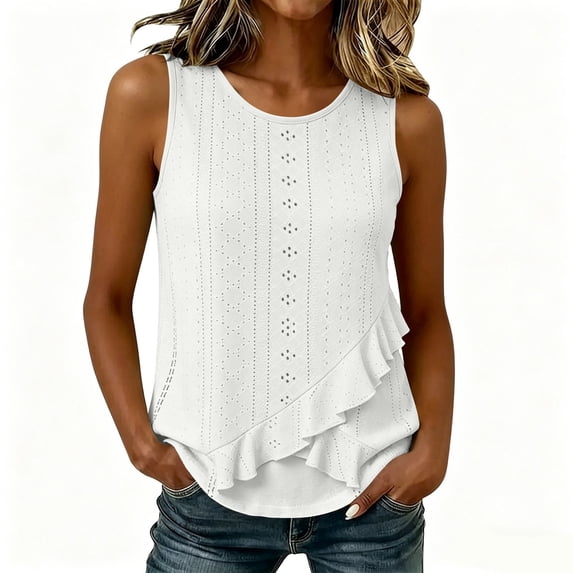 cocolona Womens Summer Tank Tops Crew Neck Sleeveless Ruffle Asymmetrical Hem Shirts Trendy Casual Solid Color Blouses