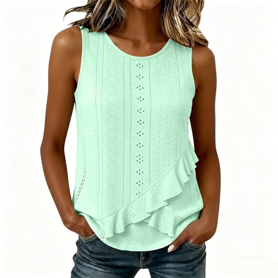 cocolona Womens Summer Tank Tops Crew Neck Sleeveless Ruffle Asymmetrical Hem Shirts Trendy Casual Solid Color Blouses
