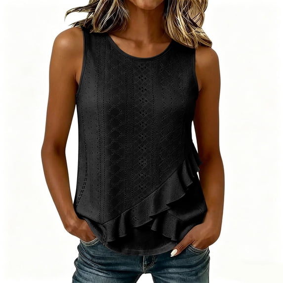 cocolona Womens Summer Tank Tops Crew Neck Sleeveless Ruffle Asymmetrical Hem Shirts Trendy Casual Solid Color Blouses