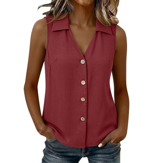 cocolona Womens Summer Tank Tops Sleeveless Lapel Button Back Pleated Shirts Dressy Casual Solid Color Blouses