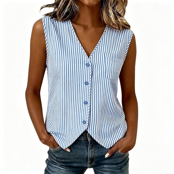 cocolona Womens Summer Tank Tops Sleeveless V-Neck Striped Button Shirts Dressy Casual Solid Color Trendy Blouses