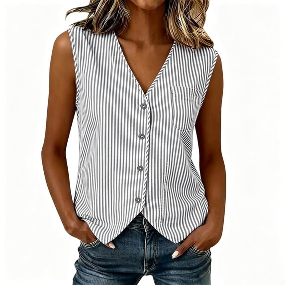 cocolona Womens Summer Tank Tops Sleeveless V-Neck Striped Button Shirts Dressy Casual Solid Color Trendy Blouses