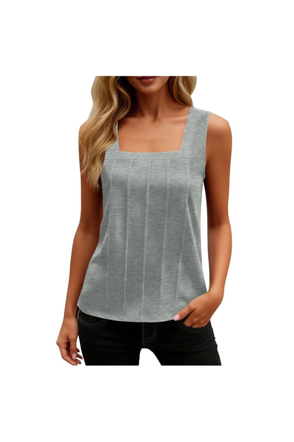 Womens Summer Tank Tops Square Neck Sleeveless Shirts Casual Fitted Solid Color Blouses