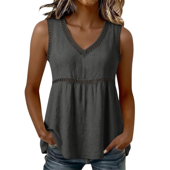 cocolona Womens Summer Tank Tops V Neck Sleeveless Hollow Out Pleated Shirts Dressy Casual Flowy Solid Color Blouses