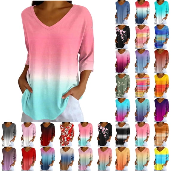 cocolona Tops for Women Loose Casual Cradient Printed 3/4 Sleeve T-shirt Trendy V Neck Pullover Tops