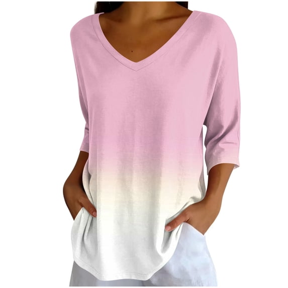 cocolona Tops for Women Loose Casual Cradient Printed 3/4 Sleeve T-shirt Trendy V Neck Pullover Tops