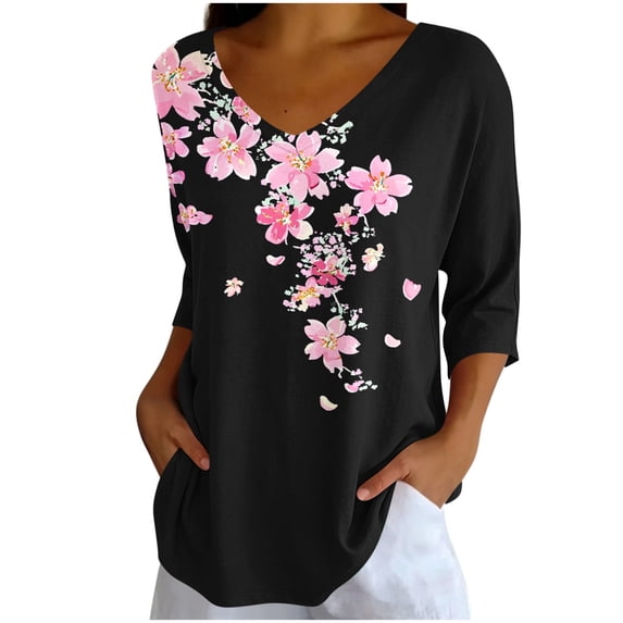 cocolona Tops for Women Loose Casual Cradient Printed 3/4 Sleeve T-shirt Trendy V Neck Pullover Tops