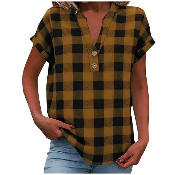 cocolona Womens Summer Tops Button V Neck Short Sleeve Plaid Shirts Fashion Casual Loose Tunic Blouses