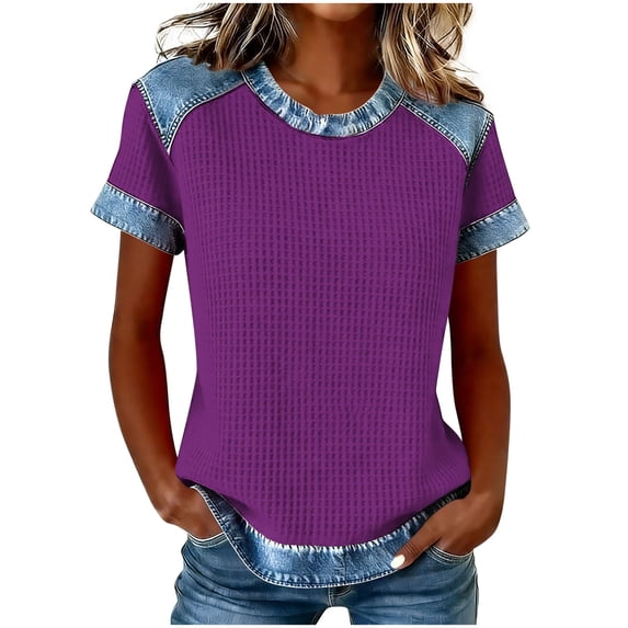 cocolona Womens Summer Tops Crew Neck Short Sleeve Patchwork T-Shirt Trendy Casual Loose Tees Blouses