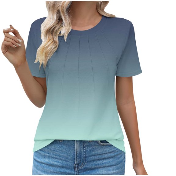 cocolona Womens Summer Tops Crew Neck Short Sleeve Pleated Front T-shirts Casual Loose Gradient Color Tees Blouse