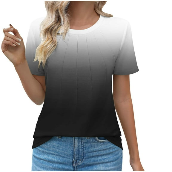 cocolona Womens Summer Tops Crew Neck Short Sleeve Pleated Front T-shirts Casual Loose Gradient Color Tees Blouse