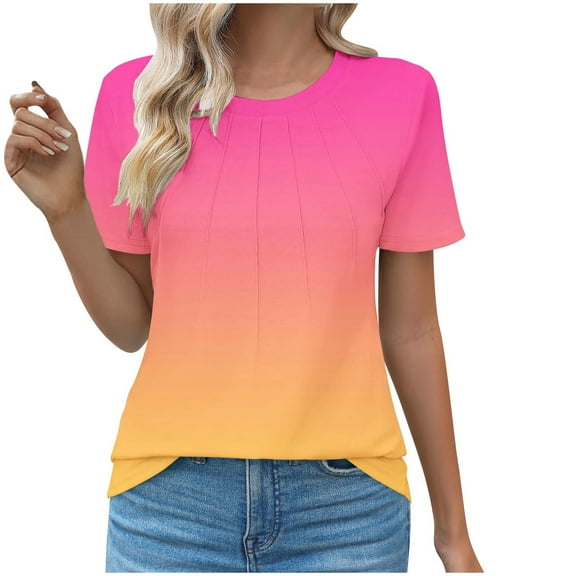 cocolona Womens Summer Tops Crew Neck Short Sleeve Pleated Front T-shirts Casual Loose Gradient Color Tees Blouse