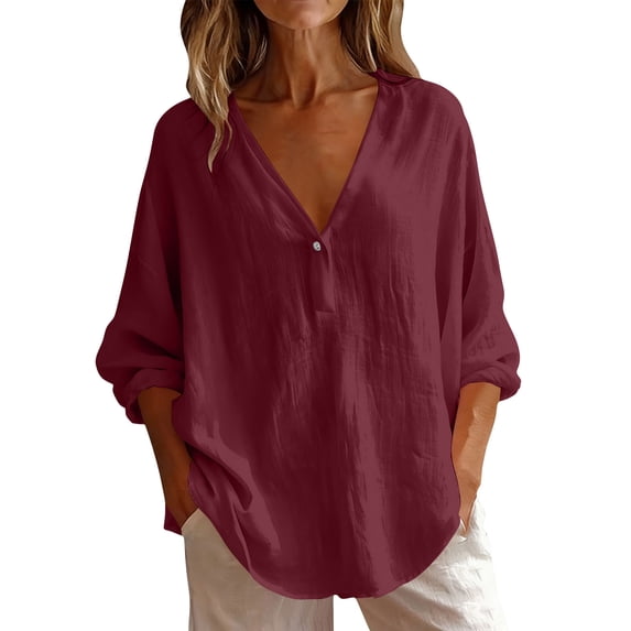 cocolona Womens Summer Tops Long Sleeve V-neck Button Shirts Casual Loose Solid Color Blouses