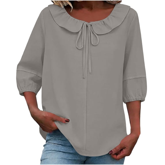 cocolona Womens Summer Tops Ruffle Drawstring Crew Neck 3/4 Sleeve Shirts Fashion Casual Loose Tunic Blouses