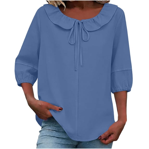 cocolona Womens Summer Tops Ruffle Drawstring Crew Neck 3/4 Sleeve Shirts Fashion Casual Loose Tunic Blouses