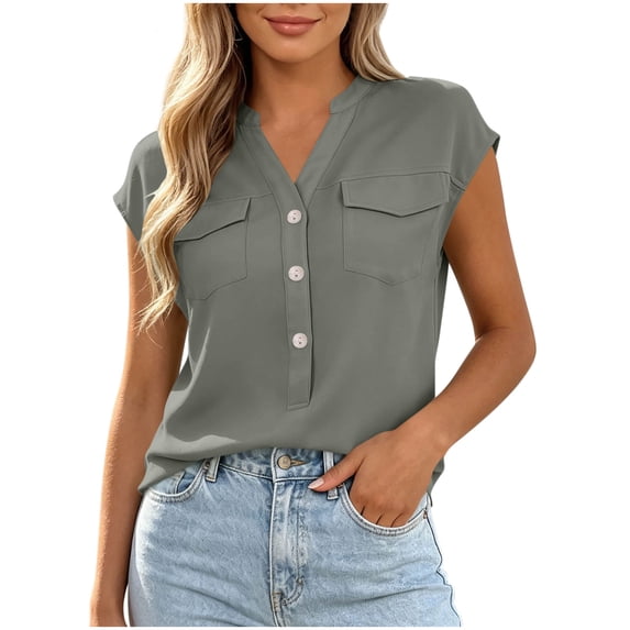 cocolona Womens Summer Tops Short Sleeve V Neck Button Shirts with Pockets Dressy Casual Loose Tunic Blouses