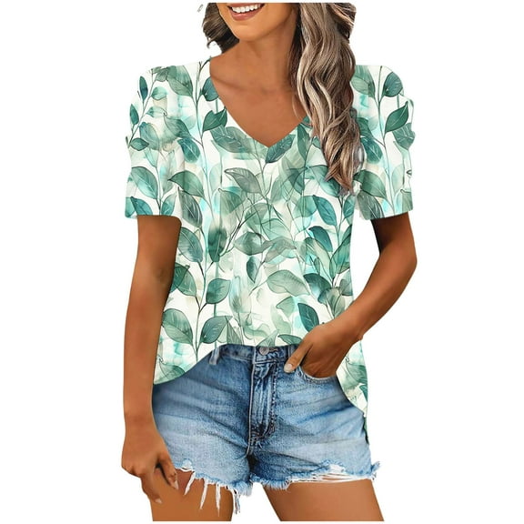 cocolona Womens Summer Tops V Neck Short Sleeve Blouse Fashion Casual Loose Floral Print T-shirts