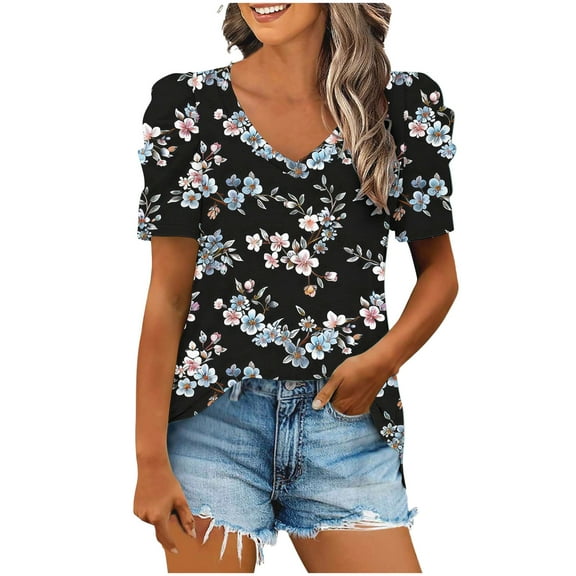 cocolona Womens Summer Tops V Neck Short Sleeve Blouse Fashion Casual Loose Floral Print T-shirts