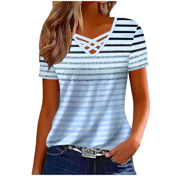 cocolona Womens Summer Tops V Neck Striped Printed Short Sleeve Shirts Dressy Casual Trendy Blouses